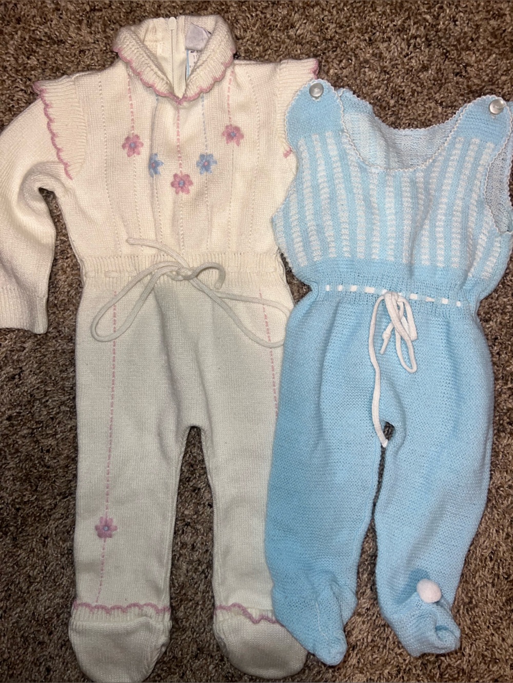 Handmade Rare Vintage 1970’s Knit Baby Girl Onesies Rompers Ruffles Cotton 6m 9m